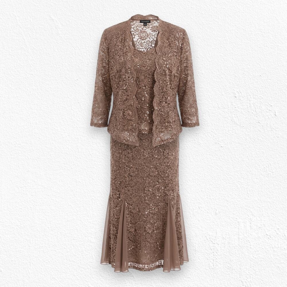 90s Vintage Bronze Midi Dress Brown Sequin Floral Lace Column Midi Dress Size 12